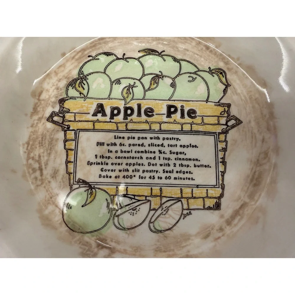 Vintage Ceramic Apple Pie Dish Recipe 10 Inch White Green Farmhouse Baking Pan